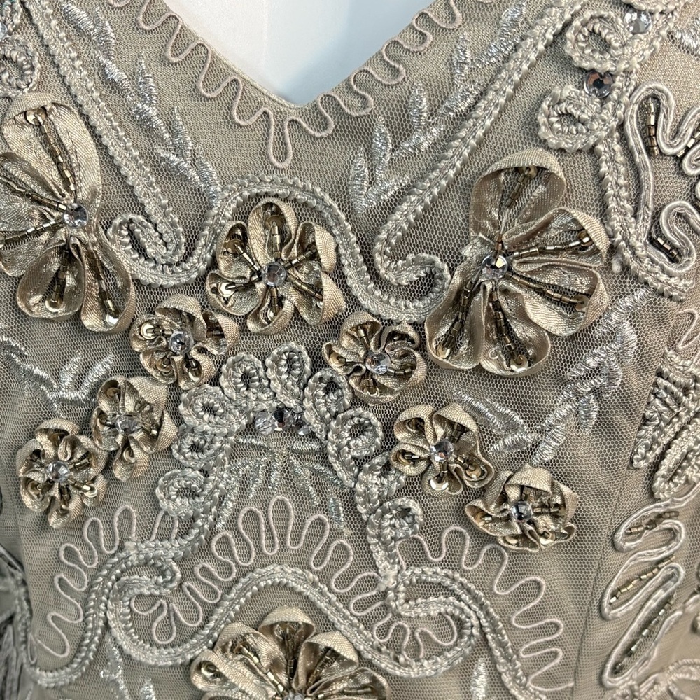 Y2K Sue Wong Floral Embroidered Mini Dress in Taupe - Picture 7 of 12